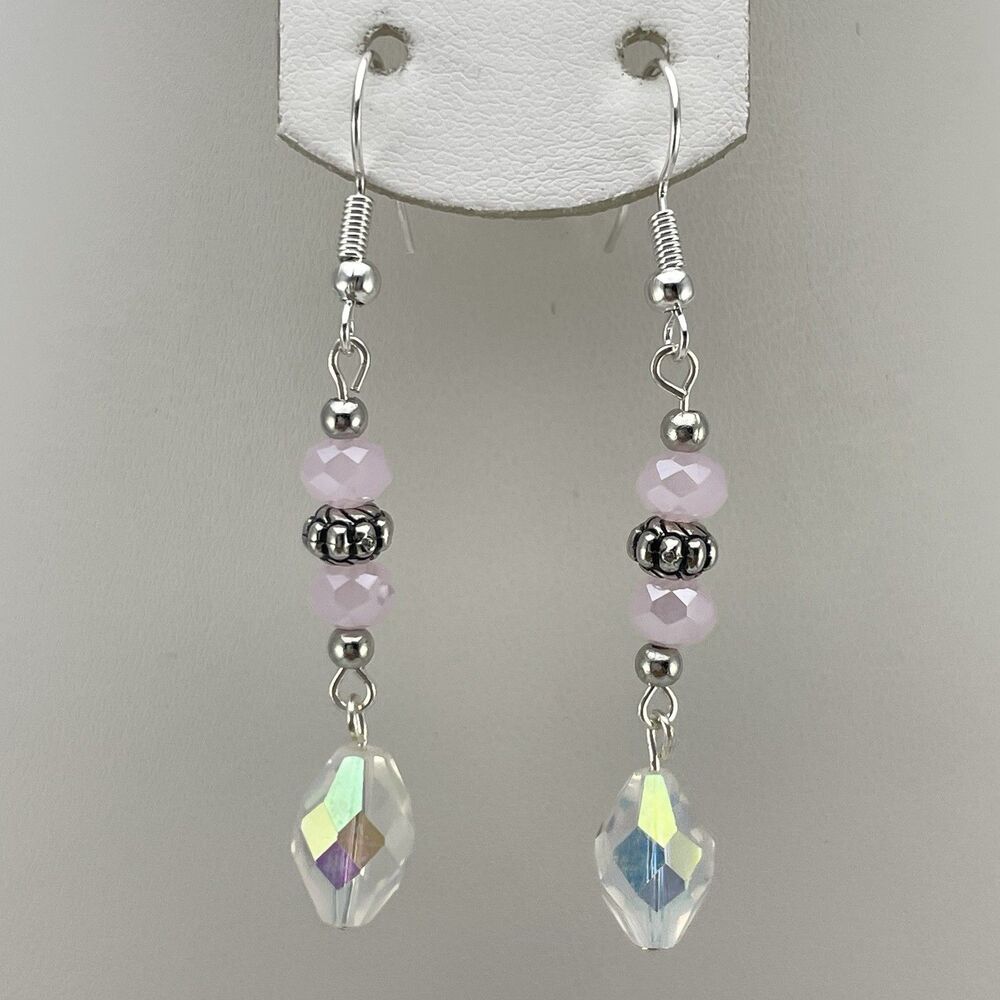 Handmade Artisan Pink White AB Glass Beaded Dangle Earrings Silver Tone
